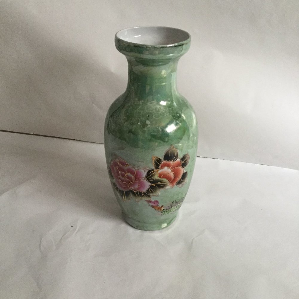 Beautiful ceramic vase green luster ware floral pink flower peacock 12" tall